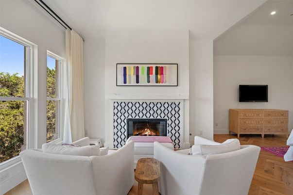 Fireplace, Interior, Living room, Recessed Lighting, Wood Texture Flooring