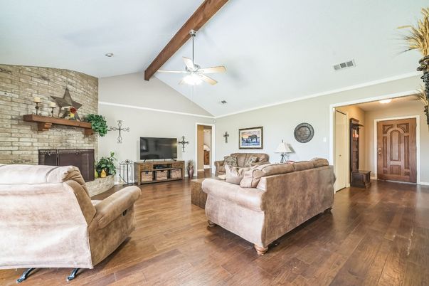 Fireplace, Interior, Living room, Stone Walls, Wooden Beams, Wood Texture Flooring