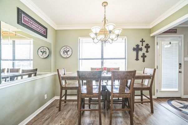 Chandelier, Dining room, Interior, Wood Texture Flooring