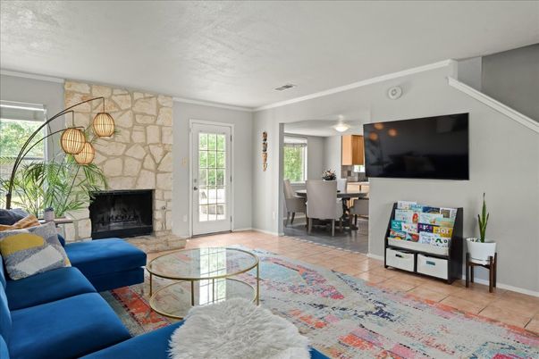 Dining room, Fireplace, Interior, Living room, Stone Walls