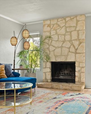 Fireplace, Interior, Pendant Lights, Stone Walls
