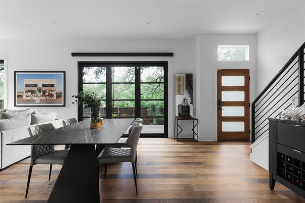 Dining room, Interior, Recessed Lighting, Wood Texture Flooring