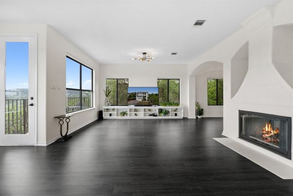 Chandelier, Empty room, Fireplace, Interior, Wood Texture Flooring