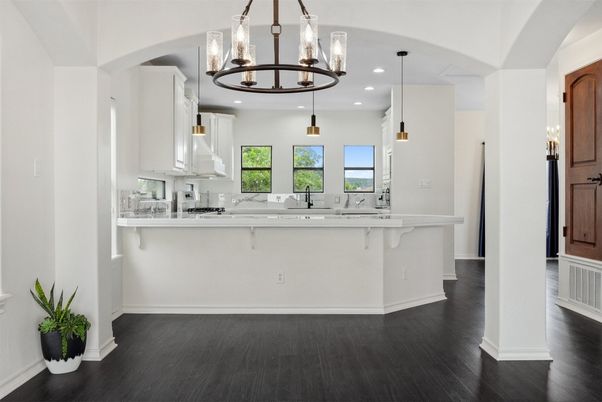 Chandelier, Interior, Kitchen, Pendant Lights, Recessed Lighting, Wood Texture Flooring