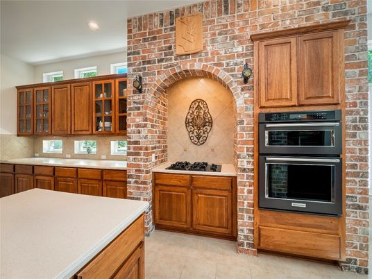 Interior, Kitchen, Recessed Lighting, Stainless Steel Appliances, Stone Walls