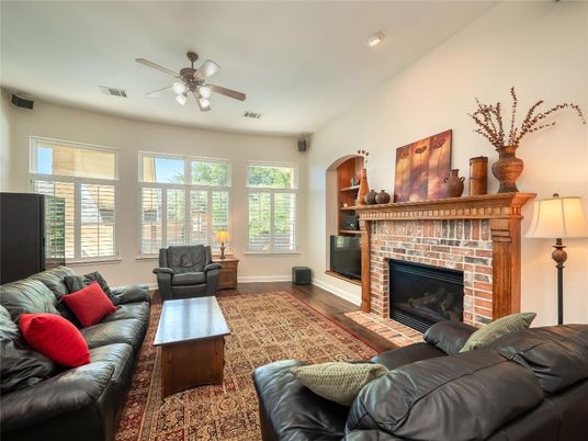 Fireplace, Interior, Living room, Recessed Lighting, Wood Texture Flooring
