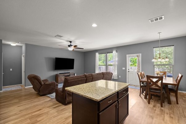 Dining room, Interior, Living room, Recessed Lighting, Wood Texture Flooring