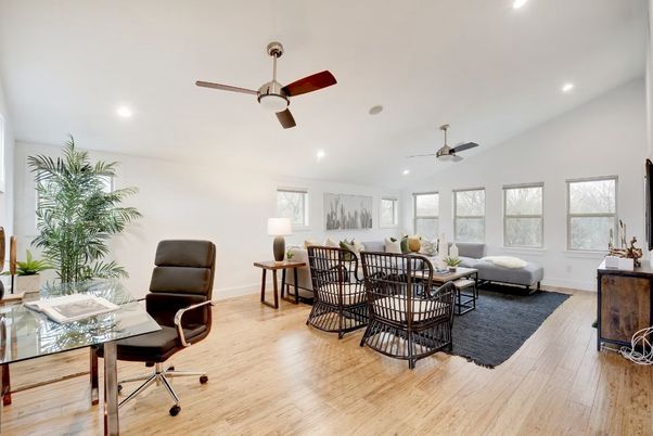 Home Office, Interior, Living room, Recessed Lighting, Wood Texture Flooring