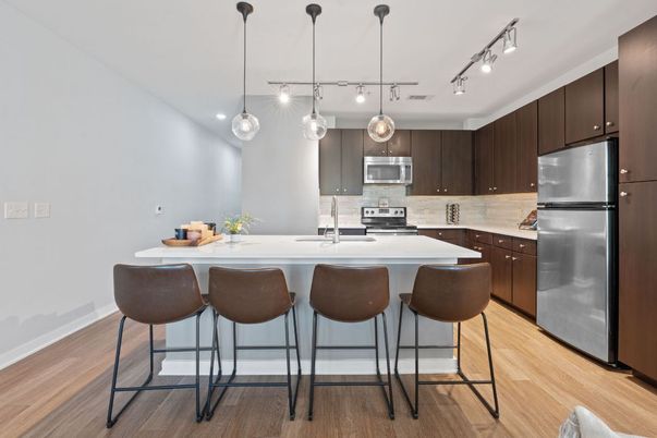 Interior, Kitchen, Pendant Lights, Recessed Lighting, Stainless Steel Appliances, Wood Texture Flooring