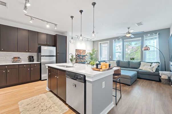 Interior, Kitchen, Living room, Pendant Lights, Stainless Steel Appliances, Wood Texture Flooring