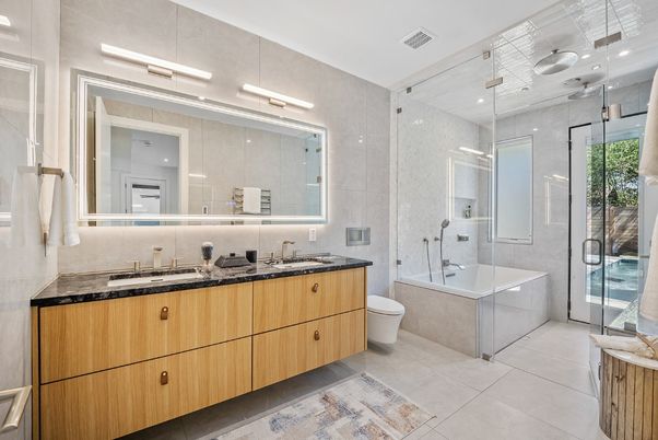Bathroom, Dual Sink Vanities, Glass Shower, Interior, Recessed Lighting