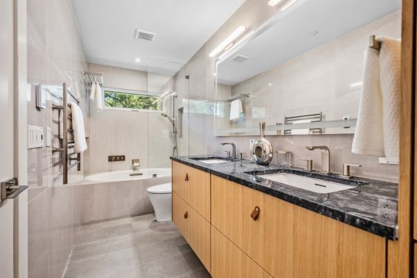 Bathroom, Dual Sink Vanities, Glass Shower, Interior, Recessed Lighting