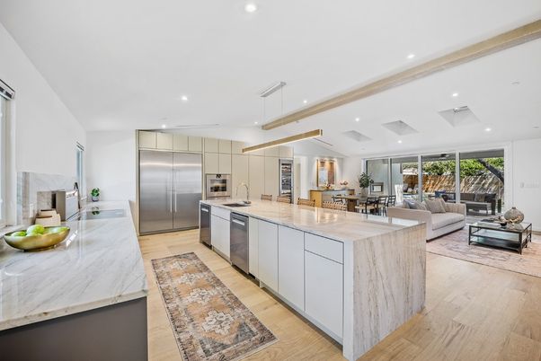 Dining room, Interior, Kitchen, Living room, Pendant Lights, Recessed Lighting, Stainless Steel Appliances, Wood Texture Flooring
