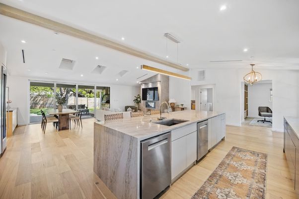 Dining room, Interior, Kitchen, Pendant Lights, Recessed Lighting, Stainless Steel Appliances, Wood Texture Flooring