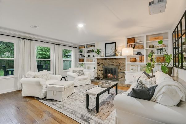 Fireplace, Interior, Living room, Recessed Lighting, Wood Texture Flooring