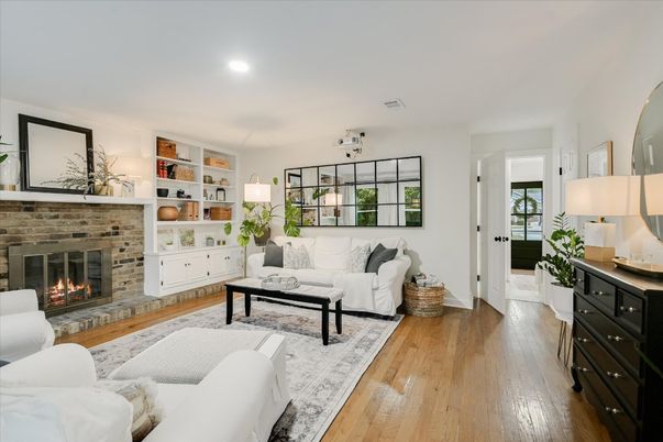 Fireplace, Interior, Living room, Recessed Lighting, Wood Texture Flooring