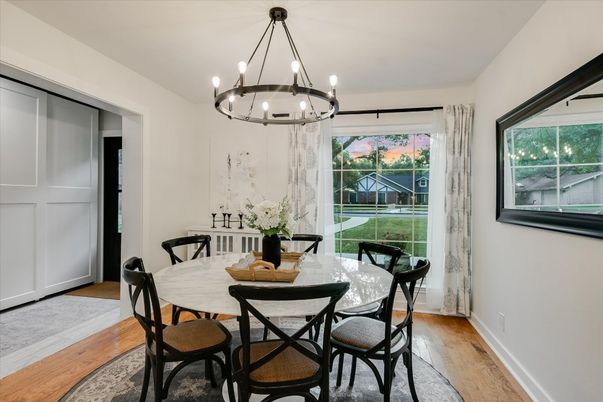 Chandelier, Dining room, Interior, Wood Texture Flooring