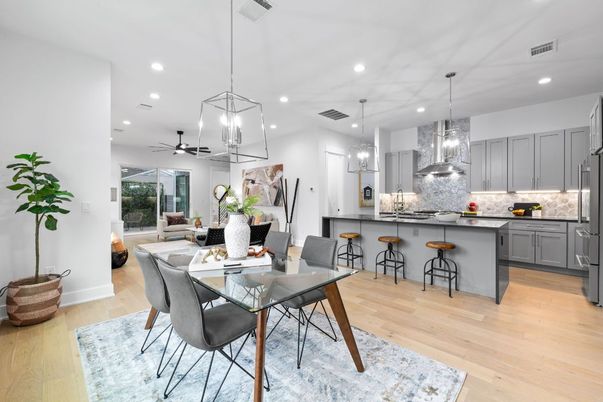 Dining room, Interior, Kitchen, Pendant Lights, Recessed Lighting, Stainless Steel Appliances, Wood Texture Flooring