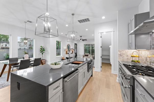 Dining room, Interior, Kitchen, Pendant Lights, Recessed Lighting, Stainless Steel Appliances, Wood Texture Flooring
