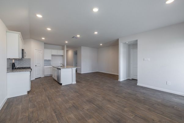 Empty room, Interior, Kitchen, Recessed Lighting, Wood Texture Flooring