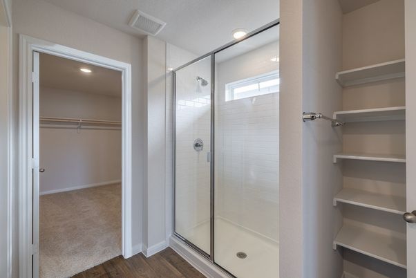 Bathroom, Glass Shower, Interior, Recessed Lighting, Walk-in Closets, Wood Texture Flooring