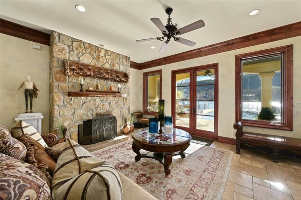 Fireplace, Interior, Living room, Recessed Lighting, Stone Walls