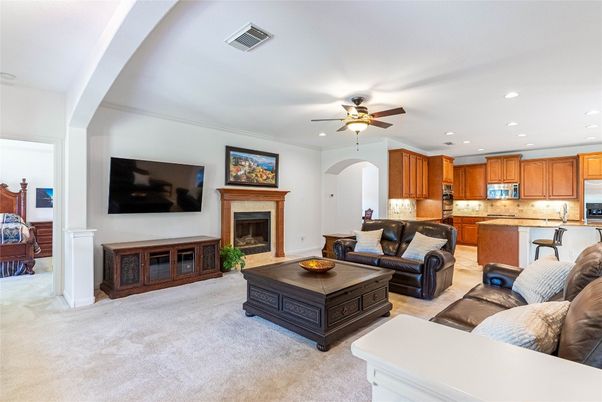 Fireplace, Interior, Kitchen, Living room, Recessed Lighting