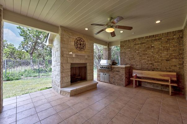 Exterior, Fireplace, Recessed Lighting, Stone Walls