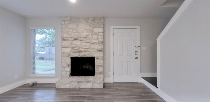 Fireplace, Interior, Recessed Lighting, Stone Walls, Wood Texture Flooring