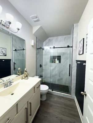 Bathroom, Glass Shower, Interior, Marble Walls, Wood Texture Flooring