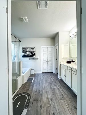 Bathroom, Glass Shower, Interior, Wood Texture Flooring