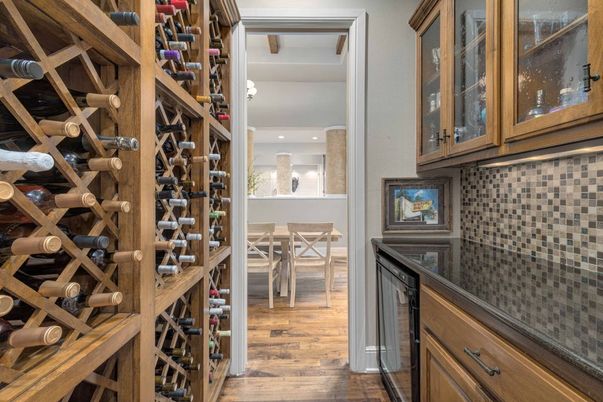 Dining room, Interior, Recessed Lighting, Wine Storage, Wood Texture Flooring