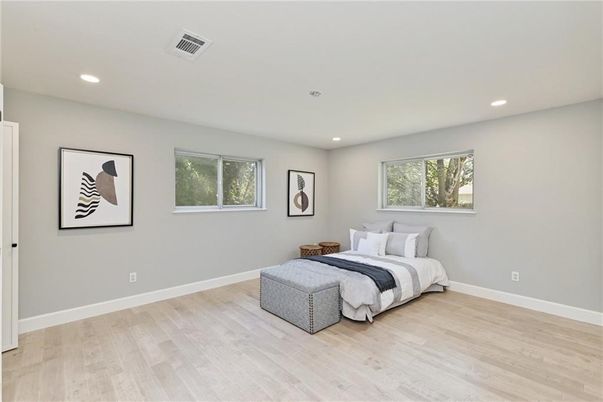 Bedroom, Interior, Recessed Lighting, Wood Texture Flooring