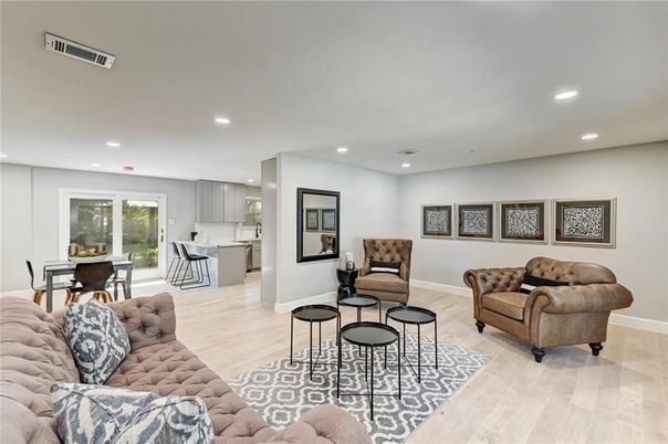Dining room, Interior, Kitchen, Living room, Recessed Lighting, Wood Texture Flooring