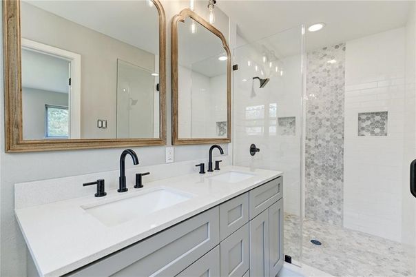 Bathroom, Dual Sink Vanities, Glass Shower, Interior, Recessed Lighting