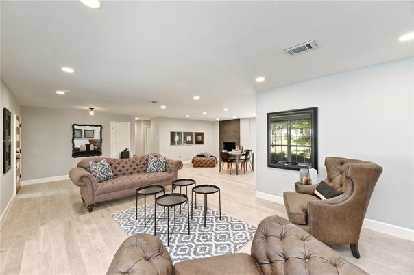Dining room, Interior, Living room, Recessed Lighting, Wood Texture Flooring