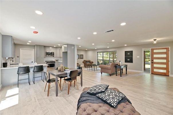 Dining room, Interior, Kitchen, Living room, Recessed Lighting, Stainless Steel Appliances, Wood Texture Flooring