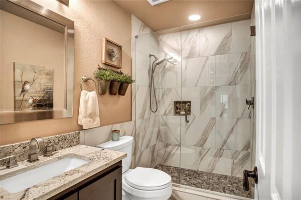 Bathroom, Glass Shower, Interior, Marble Walls, Recessed Lighting