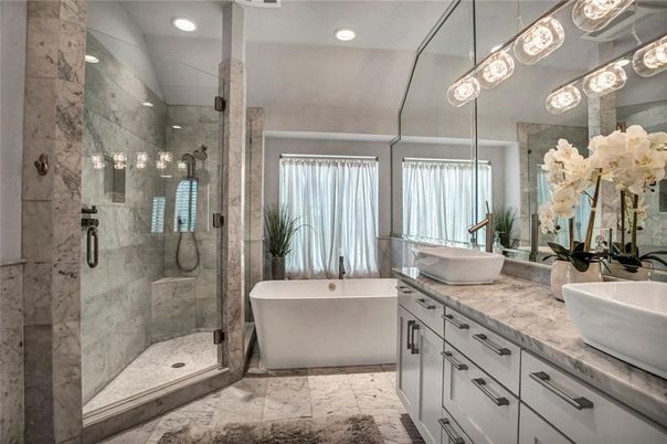 Bathroom, Dual Sink Vanities, Free Standing Baths, Glass Shower, Interior, Marble, Marble Walls, Recessed Lighting