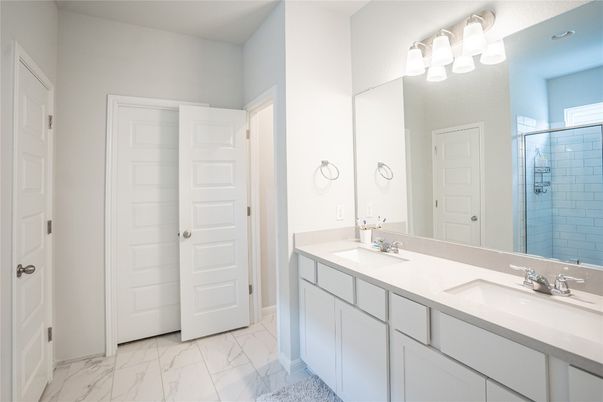 Bathroom, Dual Sink Vanities, Glass Shower, Interior, Marble