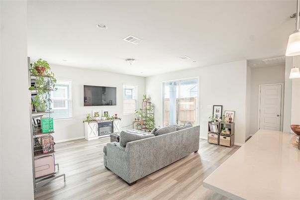 Fireplace, Interior, Living room, Pendant Lights, Recessed Lighting, Wood Texture Flooring