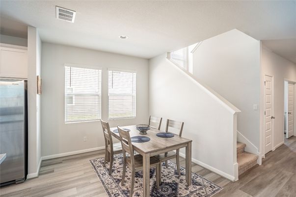 Dining room, Interior, Recessed Lighting, Wood Texture Flooring