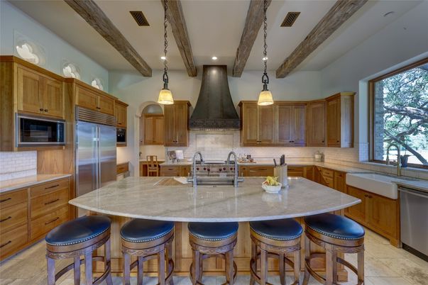 Interior, Kitchen, Pendant Lights, Recessed Lighting, Stainless Steel Appliances, Wooden Beams