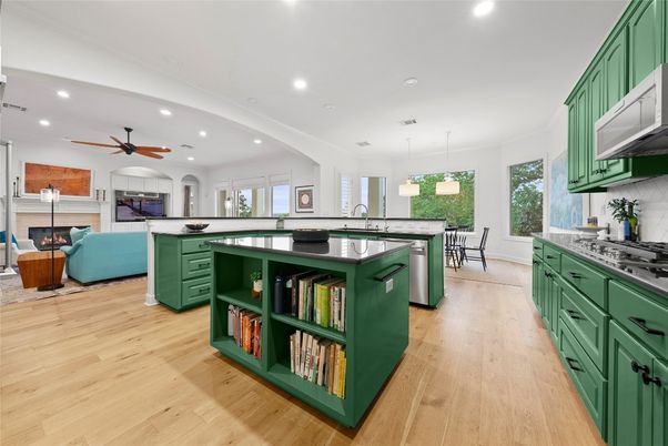 Dining room, Interior, Kitchen, Living room, Pendant Lights, Recessed Lighting, Wood Texture Flooring