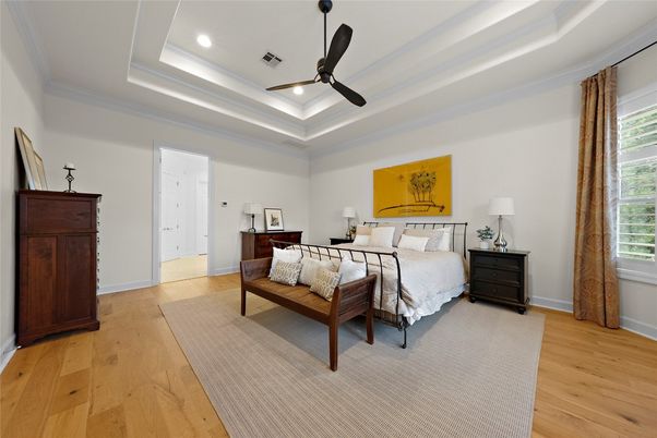 Bedroom, Interior, Recessed Lighting, Wood Texture Flooring