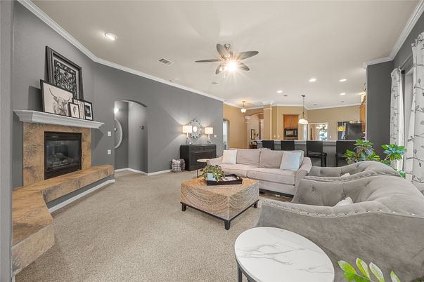 Dining room, Fireplace, Interior, Living room, Pendant Lights, Recessed Lighting