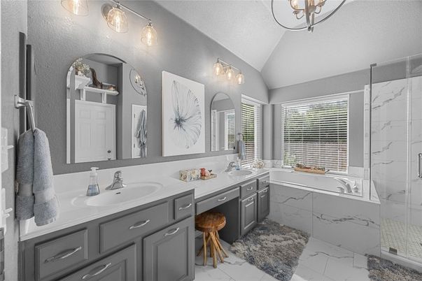 Bathroom, Dual Sink Vanities, Glass Shower, Interior, Marble, Marble Walls