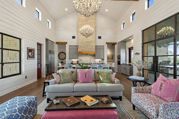 Chandelier, Dining room, Interior, Kitchen, Living room, Recessed Lighting, Wood Texture Flooring