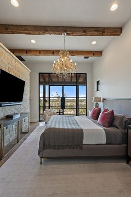 Bedroom, Chandelier, Fireplace, Interior, Recessed Lighting, Wooden Beams