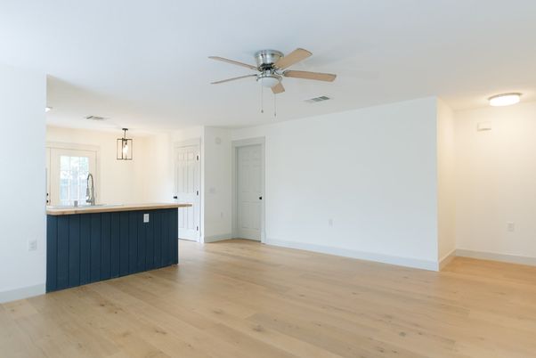Empty room, Interior, Kitchen, Pendant Lights, Recessed Lighting, Wood Texture Flooring